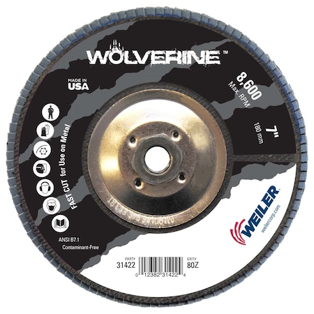 Weiler 7" Abrasive Flap Disc, Flat (TY27), Phenolic Backing, 80Z, 5/8"-11 UNC 31422